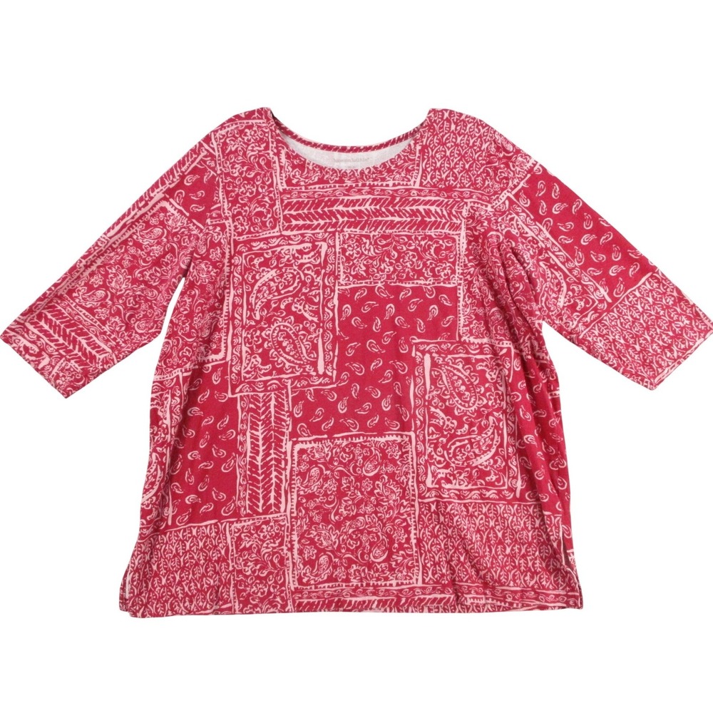Woman Within Red White Paisley Patchwork Cotton Tunic Top 3/4 Sleeve 18/20 L